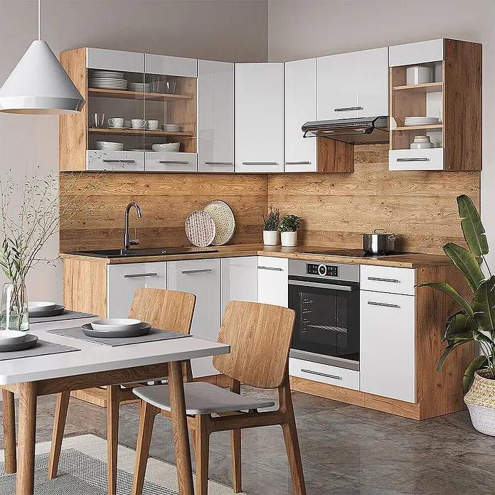 Vicco Eckküche Fame-Line Weiß Hochglanz/Goldkraft Eiche ohne Arbeitsplatte - Weiß Hochglanz, Ohne Elektrogeräte - Moderne L-förmige Küche mit glänzend weißen Schränken, Arbeitsplatten und Spritzschutz in Holzoptik, sowie integrierten Geräten.