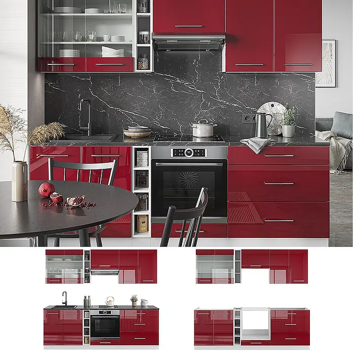 Vicco Küchenzeile Fame-Line Bordeaux Hochglanz/Weiß, AP Marmor - Breite: 235 cm, Bordeaux Hochglanz, Ohne Elektrogeräte - Moderne Küche mit eleganten roten Hochglanzschränken, integrierten Geräten und vielfältigen Aufbewahrungsmöglichkeiten inkl. offener Regale.