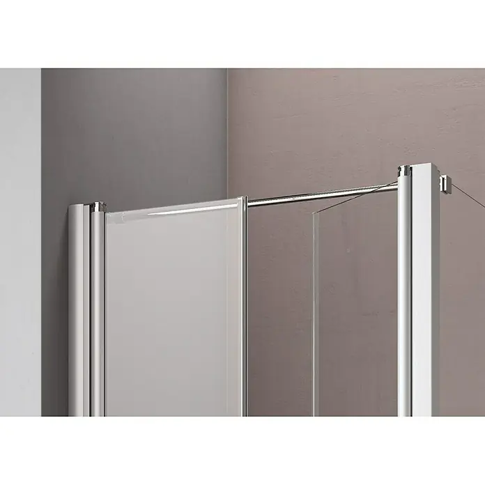 GEO Hit Eckdusche B-F110 - 100 x 100 x 202,2 cm, Beschichtet, Silber, Glasstärke: 6 mm, DIN Anschlag: Links - Nahaufnahme einer modernen Duschkabine mit klaren Linien und Chromdetails, die ein sauberes und stilvolles Badezimmerdesign zeigt.