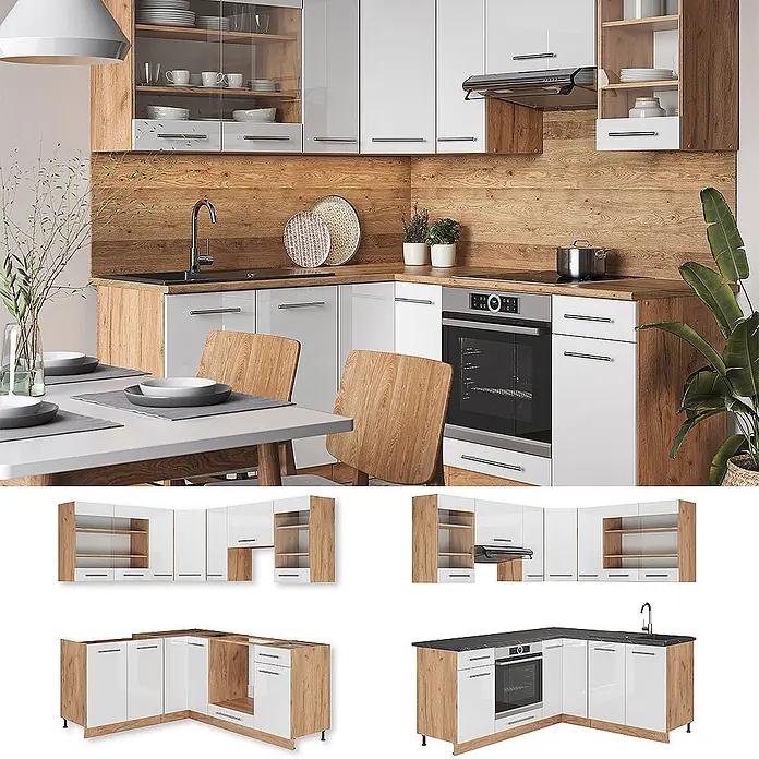 Vicco Eckküche Fame-Line Weiß Hochglanz/Goldkraft Eiche ohne Arbeitsplatte - Weiß Hochglanz, Ohne Elektrogeräte - L-förmige Küche mit glänzend weißen Schränken, hellen Holzdetails und integrierten Geräten.