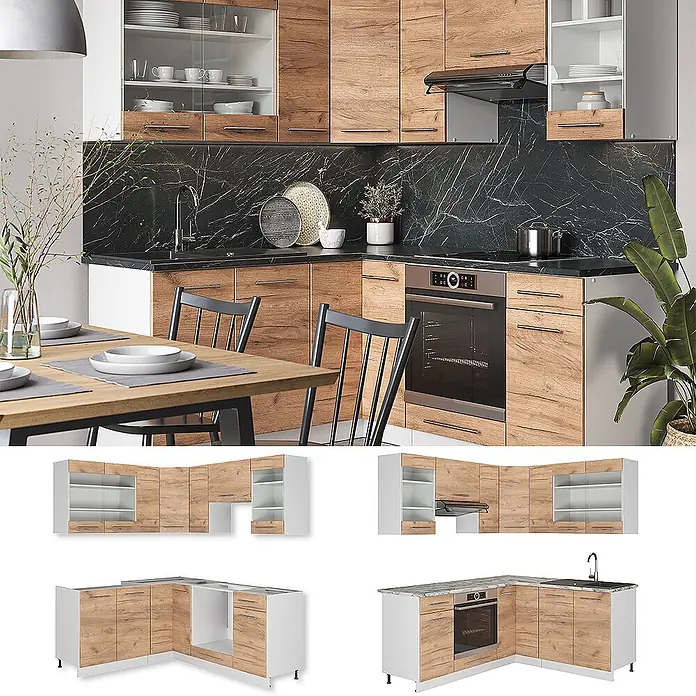 Vicco Eckküche Fame-Line Goldkraft Eiche/Weiß ohne Arbeitsplatte - B x T: 190 x 46 cm, Goldkraft Eiche, Ohne Elektrogeräte - Moderne L-förmige Küche mit hellen Holzfronten, weißen Schränken, schwarzer Marmor-Arbeitsplatte und Spritzschutz, mit integriertem Ofen und Spüle.