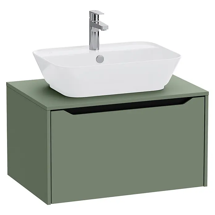 VitrA Integra Square Waschtischunterschrank Integra Square - B x T x H: 80 x 52 x 42 cm, Moosgrün - Grüner Badunterschrank mit weißem Aufsatzwaschbecken und Chromarmatur.
