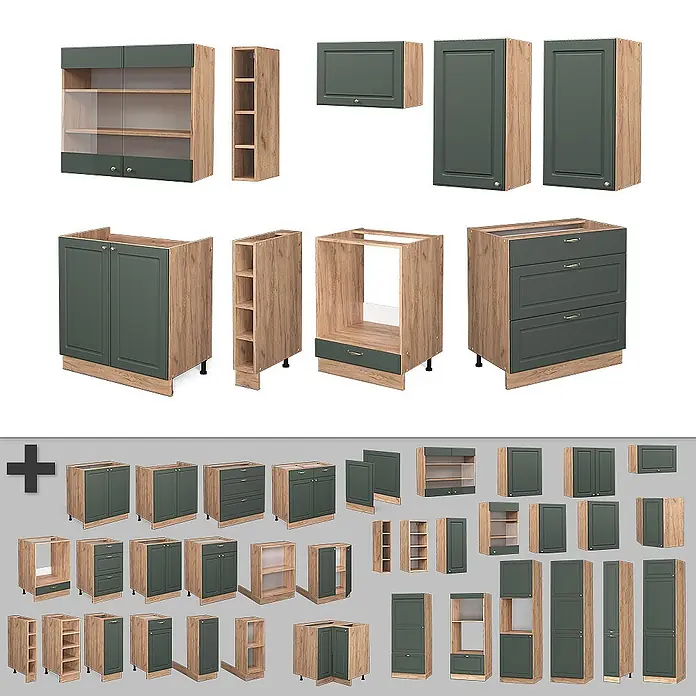 Vicco Küchenzeile Fame-Line Grün-Gold Landhaus/Goldkraft Eiche, AP Eiche - Breite: 235 cm, Grün-Gold Landhaus, Ohne Elektrogeräte - Modulare Küchenschränke in Holzoptik und Dunkelgrün, darunter Unter-, Wand- und Spezialschränke.
