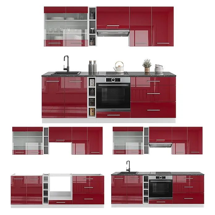 Vicco Küchenzeile Fame-Line Bordeaux Hochglanz/Weiß, AP Marmor - Breite: 235 cm, Bordeaux Hochglanz, Ohne Elektrogeräte - Hochglanzrote modulare Küchenzeile mit Backofen, Spüle und Hängeschränken.
