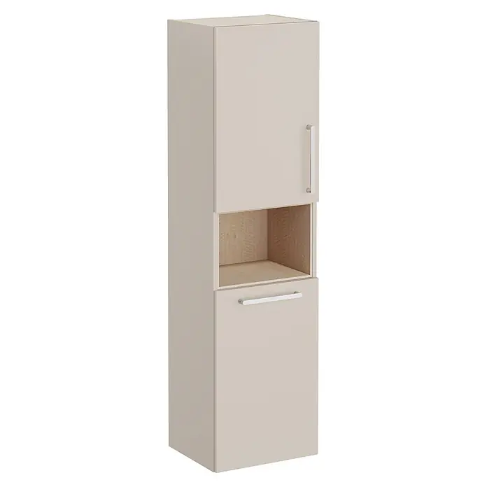 VitrA Hochschrank Root Flat - B x T x H: 42 x 36 x 155 cm, Sahara Beige, DIN Anschlag: Links - Helles beiges Hochschrank mit zwei Türen und einem mittigen offenen Holzfach, mit silbernen Griffen.