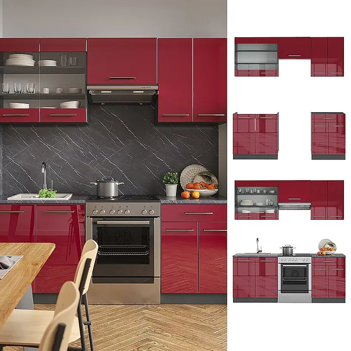 Vicco Küchenzeile Fame-Line Bordeaux Hochglanz/Anthrazit, AP Eiche - Breite: 200 cm, Bordeaux Hochglanz, Ohne Elektrogeräte - Moderne rote Hochglanz-Modulküche mit Spüle, Herd und dunkler Arbeitsplatte.