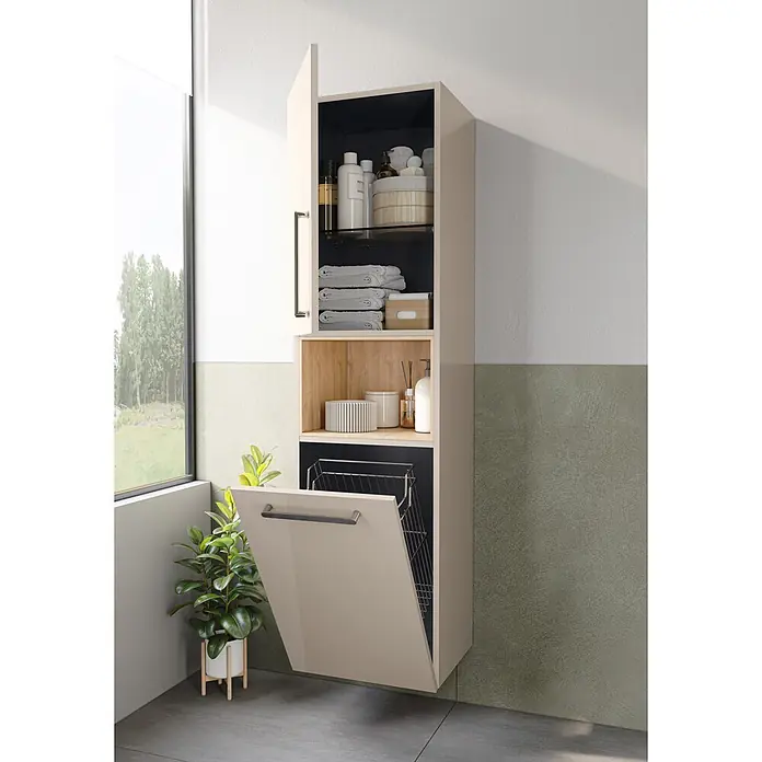 VitrA Hochschrank Root Flat - B x T x H: 42 x 36 x 155 cm, Sahara Beige, DIN Anschlag: Links - Wandhängender beiger Badschrank mit offenen Fächern, geschlossenen Abteilen und ausklappbarem Wäschekorb.
