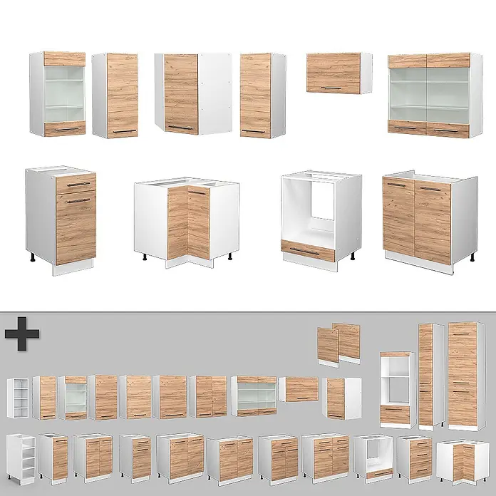 Vicco Eckküche Fame-Line Goldkraft Eiche/Weiß ohne Arbeitsplatte - B x T: 190 x 46 cm, Goldkraft Eiche, Ohne Elektrogeräte - Modulare Küchenschränke in Weiß mit hellen Holzmaserungsfronten, inklusive Ober-, Unter- und Eckschränken.