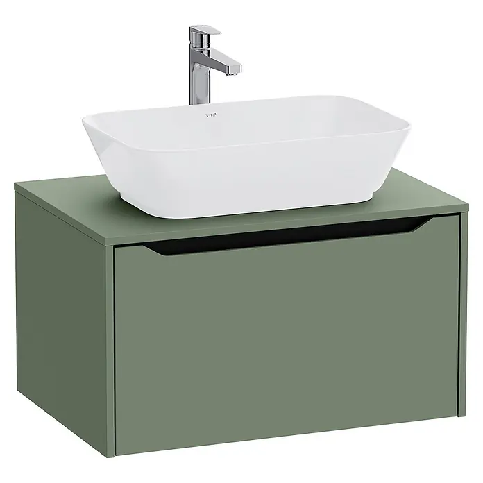 VitrA Integra Square Waschbeckenunterschrank Integra Square - B x T x H: 80 x 52 x 42 cm, Moosgrün - Grüner Waschtischunterschrank mit weißem Aufsatzwaschbecken und Chromarmatur.
