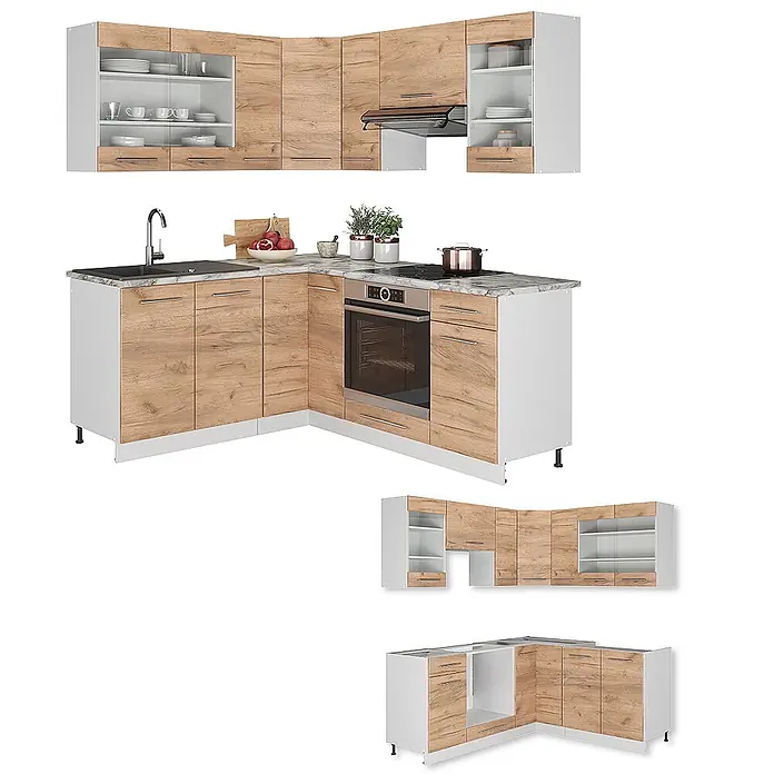 Vicco Eckküche Fame-Line Goldkraft Eiche/Weiß ohne Arbeitsplatte - B x T: 190 x 46 cm, Goldkraft Eiche, Ohne Elektrogeräte - Modulare Eckküche mit hellen Holzfronten, weißen Schränken und Marmoroptik-Arbeitsplatte, inklusive Spüle und integriertem Ofen.