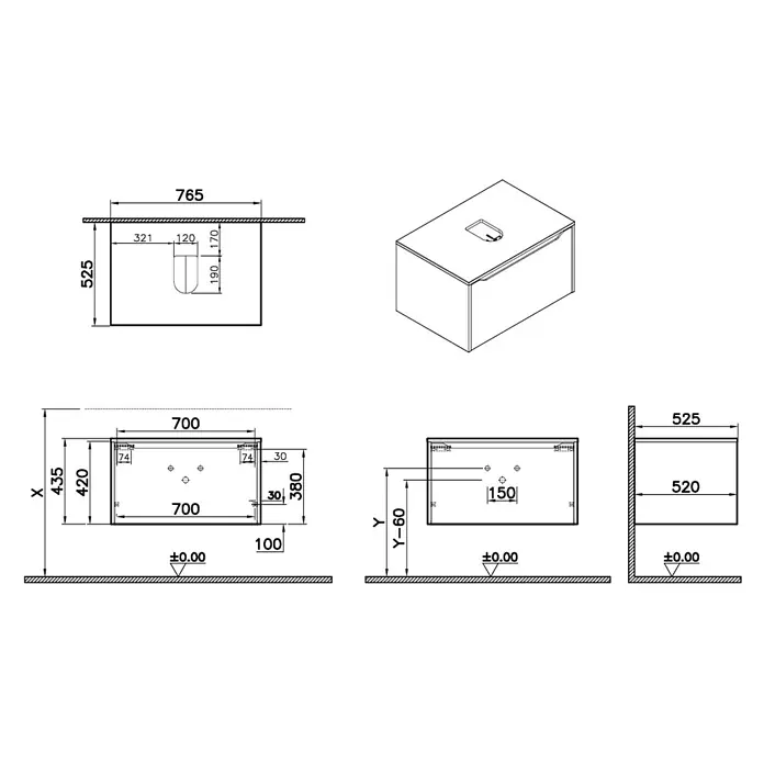 VitrA Integra Square Waschtischunterschrank Integra Square - B x T x H: 80 x 52 x 42 cm, Weiß - Technische Zeichnung eines rechteckigen, wandmontierten Waschbeckens mit Maßen und Installationsdetails.