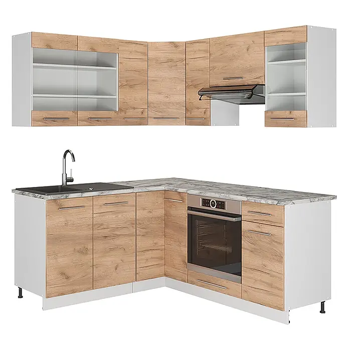 Vicco Eckküche Fame-Line Goldkraft Eiche/Weiß ohne Arbeitsplatte - B x T: 190 x 46 cm, Goldkraft Eiche, Ohne Elektrogeräte - Eckküchenzeile mit hellen Holz- und weißen Schränken, Marmor-Arbeitsplatte, schwarzer Spüle, integriertem Backofen und Dunstabzugshaube.