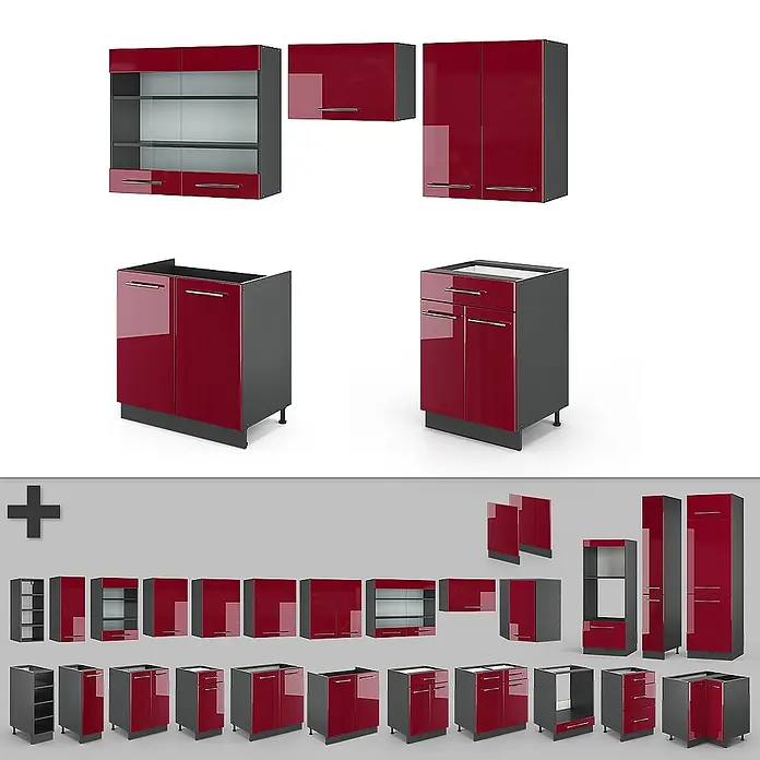 Vicco Küchenzeile Fame-Line Bordeaux Hochglanz/Anthrazit, AP Eiche - Breite: 200 cm, Bordeaux Hochglanz, Ohne Elektrogeräte - Modulare Hochglanz-Küchenschränke in Dunkelrot und Dunkelgrau, inkl. Ober-, Unter- und Hochschränken.