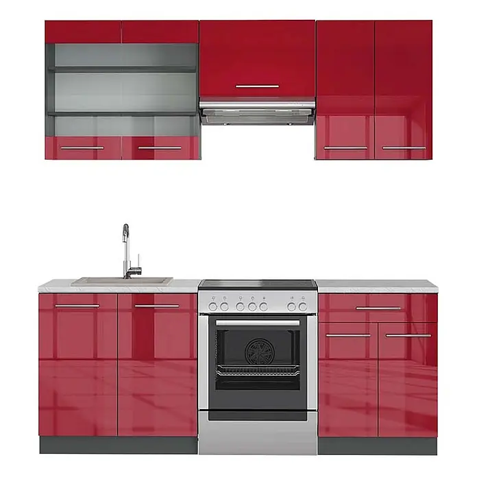 Vicco Küchenzeile Fame-Line Bordeaux Hochglanz/Anthrazit, AP Marmor - Breite: 200 cm, Bordeaux Hochglanz, Ohne Elektrogeräte - Glänzende rote Küchenzeile mit Ober- und Unterschränken, Spüle, Backofen und Dunstabzugshaube. Einige Oberschränke mit Glastüren.