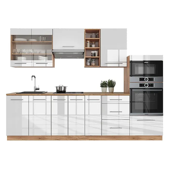 Vicco Küchenzeile Fame-Line Weiß Hochglanz/Goldkraft Eiche ohne Arbeitsplatte - Weiß Hochglanz, Ohne Elektrogeräte - Moderne weiße Hochglanzküche mit Holzdetails und integrierten Geräten.