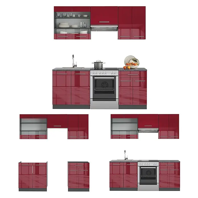 Vicco Küchenzeile Fame-Line Bordeaux Hochglanz/Anthrazit, AP Eiche - Breite: 200 cm, Bordeaux Hochglanz, Ohne Elektrogeräte - Rote Hochglanz-Modulküche mit verschiedenen Schränken, Spüle und Backofen.