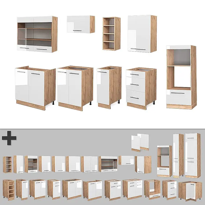 Vicco Küchenzeile Fame-Line Weiß Hochglanz/Goldkraft Eiche, AP Eiche - Breite: 280 cm, Weiß Hochglanz, Ohne Elektrogeräte - Modulare Küchenschränke mit glänzenden weißen Fronten und hellen Holzrahmen, darunter Unter-, Ober- und Hochschränke mit Türen, Schubladen und Regalen.