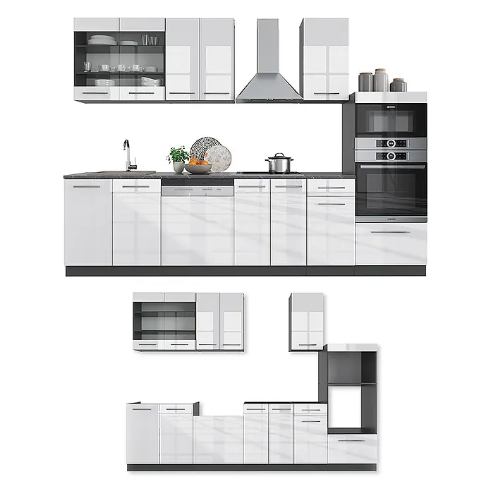 Vicco Küchenzeile Fame-Line Weiß Hochglanz/Anthrazit mit Hochschrank, AP Anthrazit - Weiß Hochglanz, Ohne Elektrogeräte - Modernes modulares Küchensystem mit weißen Hochglanzschränken, dunkelgrauen Arbeitsplatten und integrierten Geräten.