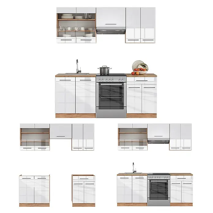 Vicco Küchenzeile Fame-Line Weiß Hochglanz/Goldkraft Eiche ohne Arbeitsplatte - Weiß Hochglanz, Ohne Elektrogeräte - Modulküche mit weißen Hochglanzschränken, hellen Holzdetails, Spüle und Backofen.
