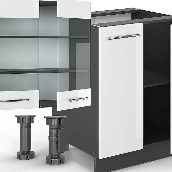 Vicco Küchenzeile Fame-Line Weiß Hochglanz/Anthrazit mit Hochschrank, AP Anthrazit - Weiß Hochglanz, Ohne Elektrogeräte - Modulare Küchenschrankeinheiten in Dunkelgrau mit weißen Hochglanz- und Glastüren, sowie verstellbare Füße, montagefertig.