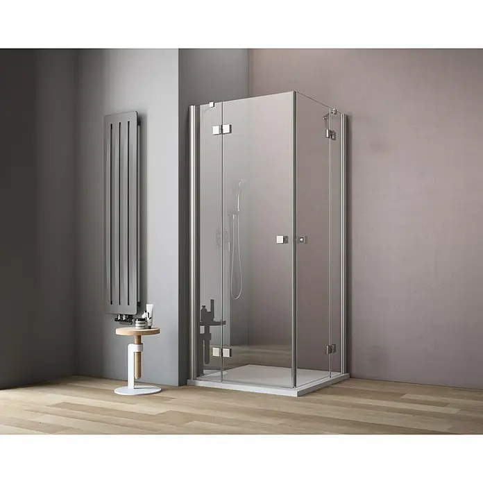 GEO Hit Eckdusche B-E300 - L x B x H: 80 x 90 x 200 cm, Beschichtet, Silber, Glasstärke: 6 mm - Geräumige, moderne Duschkabine aus Klarglas mit eleganten Chrombeschlägen. Ein Blickfang in jedem Badezimmer.