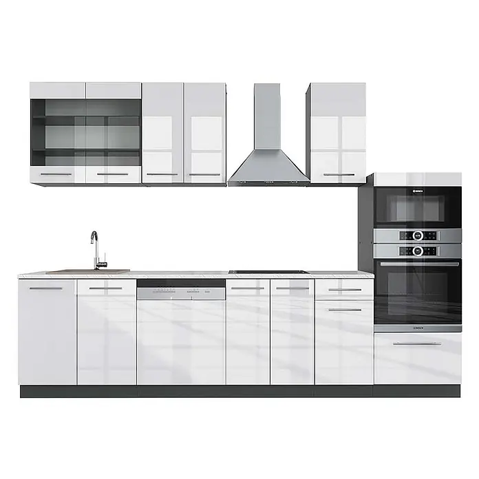 Vicco Küchenzeile Fame-Line Weiß Hochglanz/Anthrazit mit Hochschrank, AP Marmor - Breite: 300 cm, Weiß Hochglanz, Ohne Elektrogeräte - Moderne, weiße Hochglanzküche mit integrierten Edelstahlgeräten wie Backofen, Geschirrspüler, Spüle und Dunstabzugshaube.