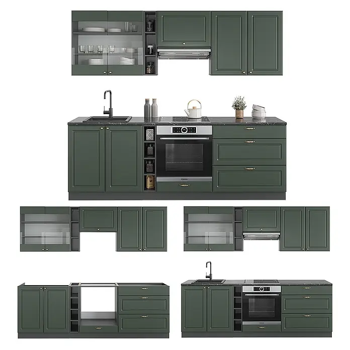Vicco Küchenzeile Fame-Line, Grün-Gold Landhaus/Anthrazit, 235 cm -  - Moderne dunkelgrüne Küche mit matten Schränken, schwarzer Arbeitsplatte, integrierten Geräten.