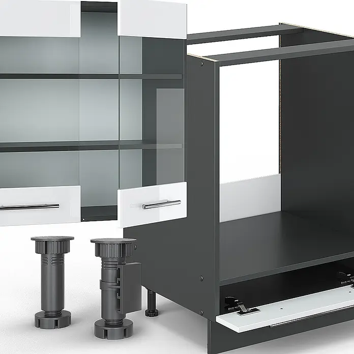 Vicco Küchenzeile Fame-Line Weiß Hochglanz/Anthrazit, AP Marmor - Weiß Hochglanz, Ohne Elektrogeräte - Modulare Küchenschrankteile: dunkelgraue Korpusse, weiße Hochglanztüren mit Glas, silberne Griffe und schwarze Verstellfüße zur Montage.