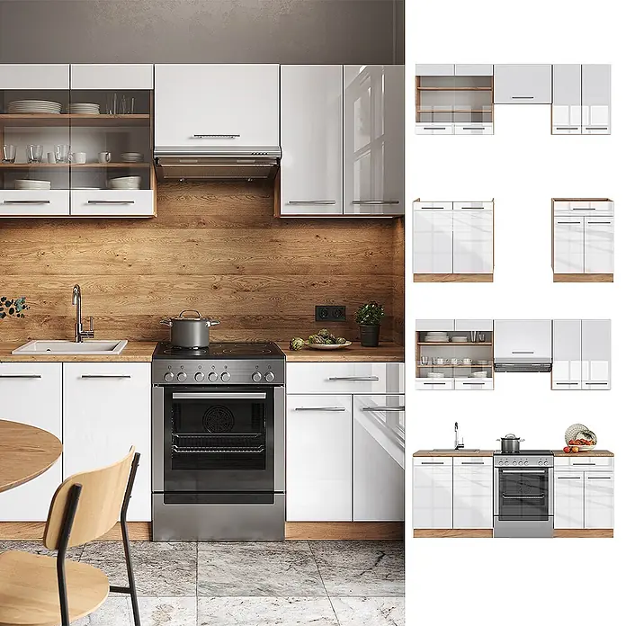 Vicco Küchenzeile Fame-Line Weiß Hochglanz/Goldkraft Eiche ohne Arbeitsplatte - Weiß Hochglanz, Ohne Elektrogeräte - Moderne Küche mit weißen Hochglanzschränken, Holzdetails und integriertem Backofen, modular aufgebaut.
