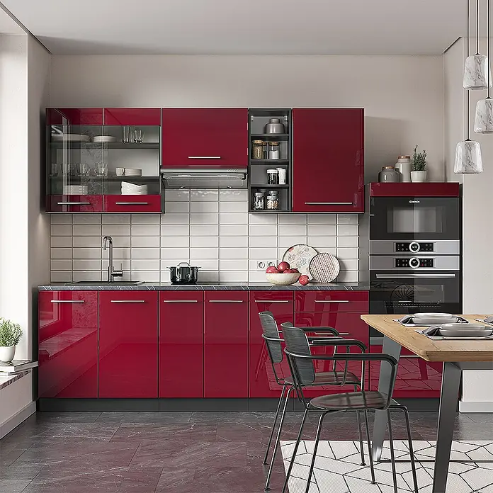 Vicco Küchenzeile Fame-Line Bordeaux Hochglanz/Anthrazit, AP Anthrazit - Breite: 280 cm, Bordeaux Hochglanz, Ohne Elektrogeräte - Moderne Küche mit glänzenden roten Unter- und Oberschränken, integrierten Geräten und dunkler Arbeitsplatte.