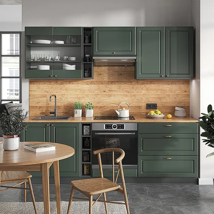 Vicco Küchenzeile Fame-Line Grün-Gold Landhaus/Anthrazit, AP Marmor - Breite: 235 cm, Grün-Gold Landhaus, Ohne Elektrogeräte - Moderne Küchenzeile mit dunkelgrünen Schränken, einer warmen Holz-Arbeitsplatte und Rückwand, inklusive integrierter Geräte.