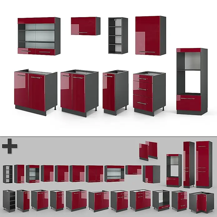 Vicco Küchenzeile Fame-Line Bordeaux Hochglanz/Anthrazit, AP Anthrazit - Breite: 280 cm, Bordeaux Hochglanz, Ohne Elektrogeräte - Set modularer Küchenschränke mit dunkelgrauen Korpi und glänzend roten Fronten, inklusive Ober-, Unter- und Hochschränken.