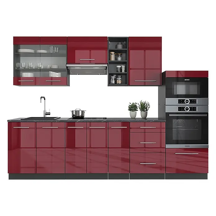 Vicco Küchenzeile Fame-Line Bordeaux Hochglanz/Anthrazit, AP Anthrazit - Breite: 280 cm, Bordeaux Hochglanz, Ohne Elektrogeräte - Moderne Hochglanz-Einbauküche in Rot, mit dunklen Arbeitsplatten, Spüle, integriertem Backofen, Mikrowelle und vielen Schränken.