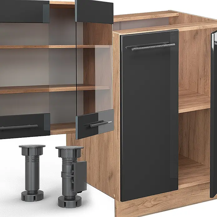 Vicco Küchenzeile Fame-Line Anthrazit Hochglanz/Goldkraft Eiche mit Hochschrank,AP Eiche - Breite: 300 cm, Anthrazit Hochglanz, Ohne Elektrogeräte - Modulare Küchenschrankelemente in heller Holzoptik und Dunkelgrau, mit Glastüren und verstellbaren Füßen.