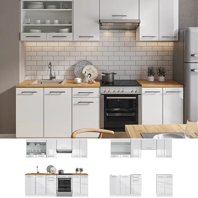 Vicco Küchenzeile Fame-Line Weiß Hochglanz/Weiß, AP Anthrazit - Weiß Hochglanz, Ohne Elektrogeräte - Weißes Küchenschrank-Set mit Holz-Arbeitsplatte, Spüle, Herd und Kühlschrank.