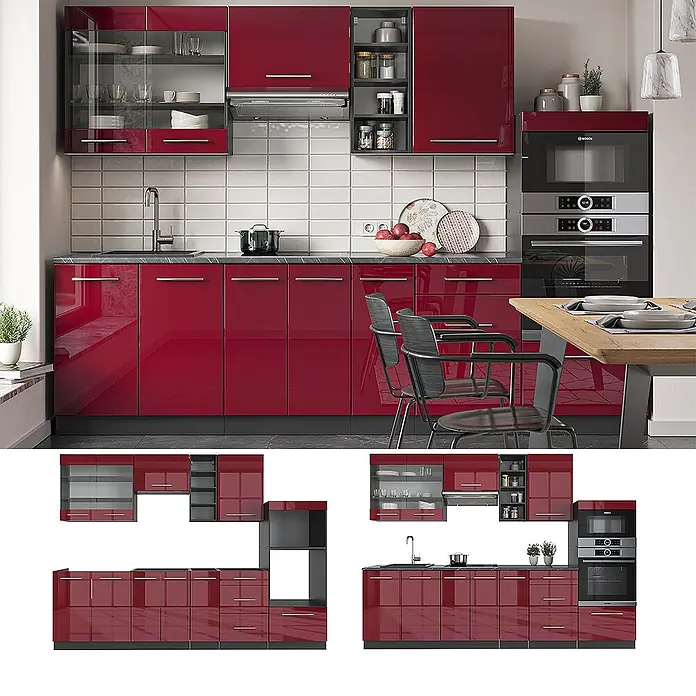 Vicco Küchenzeile Fame-Line Bordeaux Hochglanz/Anthrazit, AP Anthrazit - Breite: 280 cm, Bordeaux Hochglanz, Ohne Elektrogeräte - Rote Hochglanzküche mit mehreren Schränken, Spüle und Backofeneinheit, in moderner Küchenumgebung.