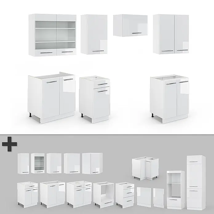 Vicco Küchenzeile Fame-Line Weiß Hochglanz/Weiß ohne Arbeitsplatte - Breite: 240 cm, Weiß Hochglanz, Ohne Elektrogeräte - Set aus verschiedenen weißen modularen Küchenschränken mit Hochglanzoberfläche und Chromgriffen, inklusive Wand- und Unterschränken.