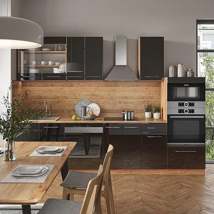 Vicco Küchenzeile Fame-Line Anthrazit Hochglanz/Goldkraft Eiche mit Hochschrank,AP Eiche - Breite: 300 cm, Anthrazit Hochglanz, Ohne Elektrogeräte - Moderne Küche mit glänzenden schwarzen Schränken, Holzdetails und integrierten Geräten, mit Essbereich.