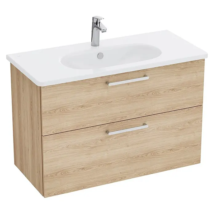VitrA Badmöbel-Set Root Flat - B x T x H: 100 x 45 x 65 cm, Eiche Natur - Badezimmermöbel aus hellem Holz mit weißem Keramikwaschbecken, Chromarmatur und zwei Schubladen.