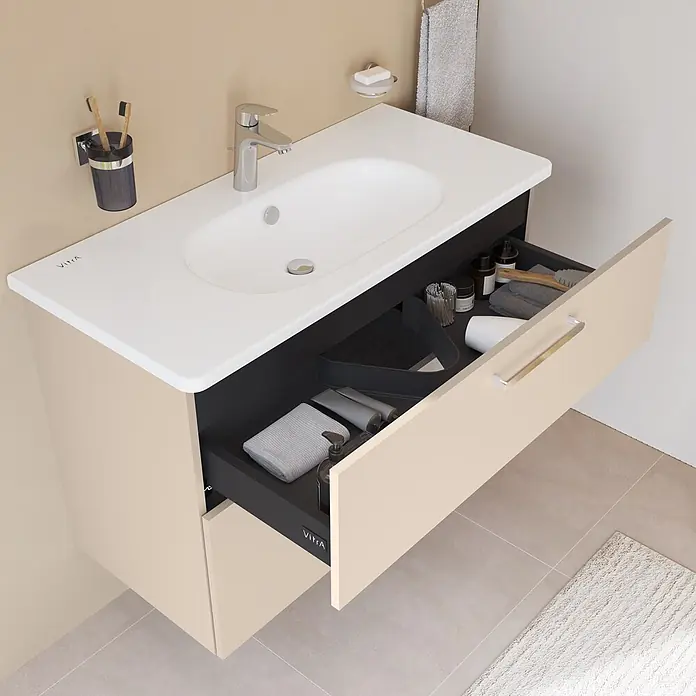 VitrA Badmöbel-Set Root Flat - B x T x H: 100 x 45 x 65 cm, Sahara Beige, Hochglänzend - Beiger Badezimmerwaschtisch mit integriertem Waschbecken und offener Schublade, die Pflegeprodukte aufbewahrt.