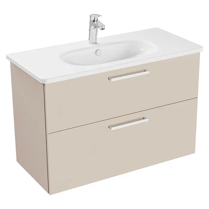 VitrA Badmöbel-Set Root Flat - B x T x H: 100 x 45 x 65 cm, Sahara Beige, Hochglänzend - Helles beiges Badmöbel mit integriertem weißem Waschbecken, Chromarmatur und zwei Schubladen.
