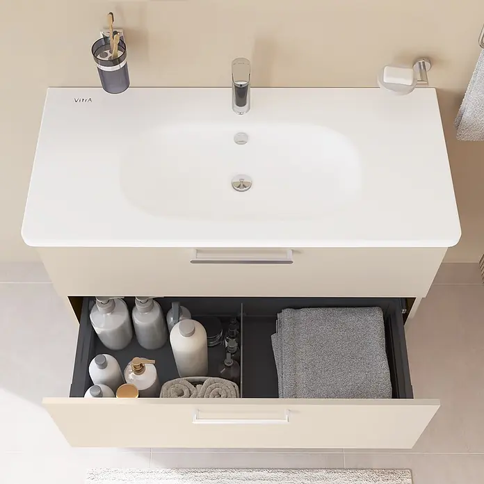 VitrA Badmöbel-Set Root Flat - B x T x H: 100 x 45 x 65 cm, Sahara Beige, Hochglänzend - Hellbeiger Badezimmerwaschtisch mit integriertem weißem Waschbecken und offener Schublade für Toilettenartikel und Handtücher.