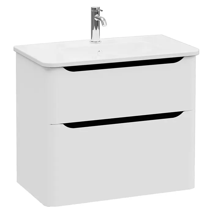 VitrA Integra Round Badmöbel-Set - Gesamtbreite Badmöbel: 80 cm, Hellgrau, Matt - Weißer wandmontierter Waschtischunterschrank mit integriertem Waschbecken und Chromarmatur, mit zwei Schubladen mit schwarzen Griffmulden.