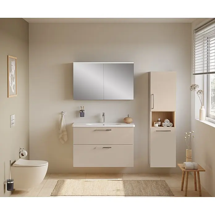 VitrA Badmöbel-Set Root Flat - B x T x H: 100 x 45 x 65 cm, Sahara Beige, Hochglänzend - Modernes beigefarbenes Badmöbelset mit schwebendem Waschtisch, Waschbecken, Spiegelschrank und hohem Stauraumschrank.