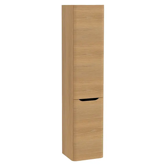 VitrA Hochschrank Integra Round - B x T x H: 40 x 37 x 180 cm, Eiche Gold, DIN Anschlag: Rechts, Inklusive 3 Glasböden und Wäscheklappe - Hoher Schrank aus hellem Holz mit einer Schublade und integriertem Griff.
