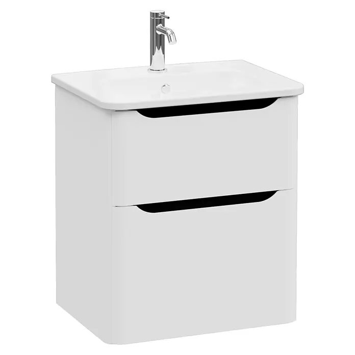 VitrA Integra Round Badmöbel-Set - Gesamtbreite Badmöbel: 60 cm, Hellgrau, Matt - Weißer Badunterschrank mit zwei Schubladen, integriertem weißen Waschbecken und Chromarmatur.