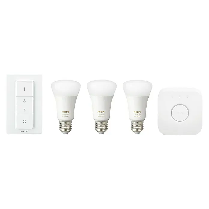 Philips Hue Set de bombillas LED Kit con mando a distancia - E27, Capacidad de atenuación: Intensidad regulable, Blanco cálido, 2.478 lm, 10 W, 3 ud. - Kit de iluminación inteligente Philips Hue con tres bombillas inteligentes, un interruptor y un puente para la automatización del hogar.
