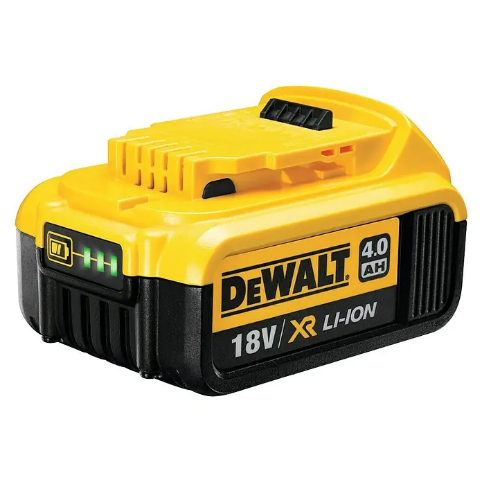 DeWalt XR 18V Akku & Ladegerät DCB115M2 - 18 V, 2 Akkus, 4 Ah, Li-Ionen - Nahaufnahme eines DeWalt 18V/XR Li-Ion Akkus mit 4.0Ah Kapazität, gelb-schwarzes Design und Ladestandsanzeige.