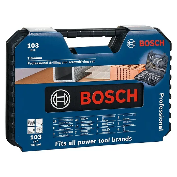 Bosch Set de puntas y accesorios - 103 pzs. - Un juego de taladro y atornillado profesional Bosch Titanium de 103 piezas en una caja de herramientas. Ideal para aficionados al bricolaje y profesionales.