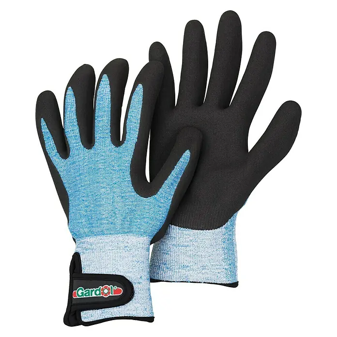 Gardol Gartenhandschuhe Pflanzen8, Blau - Das Bild zeigt ein Paar Gardol Gartenhandschuhe mit blauer Handfläche und schwarzen Fingern, ideal für Gartenarbeiten.